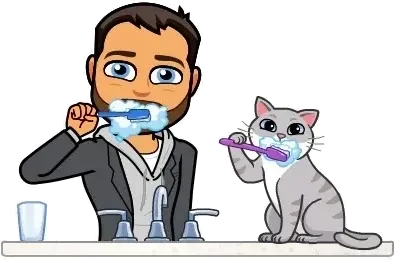 A cartoon of Peter and a cat brushing their teeth side by side at a sink