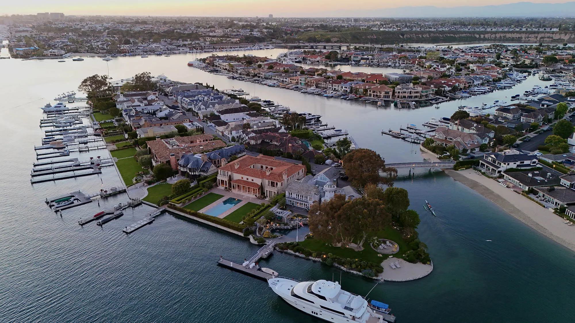 Harbor Island and Linda Isle at dusk, photographed from the air over Newport Harbor