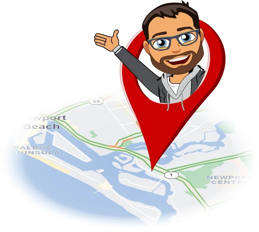 A cartoon of Peter waving from inside a map pin standing over Newport Beach