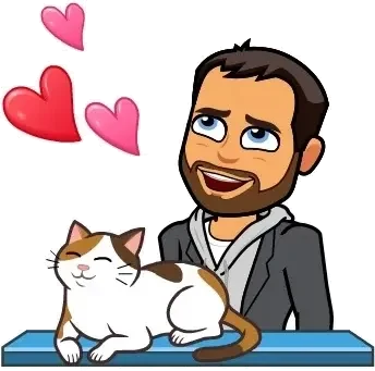 A cartoon of Peter petting a contented cat, with hearts above them