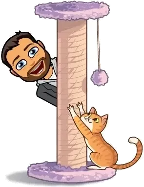 A cartoon of Peter looking round a cat tree while a cat uses the scratching post